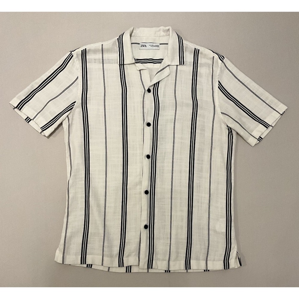Zara Men's White Black Striped Button Up Short Sleeve Size M Linen RN 77302